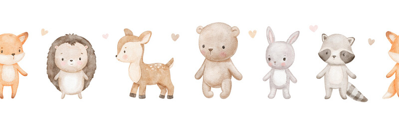 Seamless border with cute bear and bunny, hearts, watercolor hand drawn background for kids, newborn, nursery