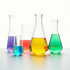 A collection of transparent glass laboratory flasks filled with vibrant liquids in cyan, magenta, yellow, and green, neatly arranged on a pure white background, soft shadows, ultra-clean photorealisti