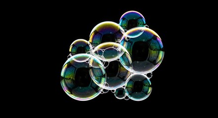 Cluster of iridescent soap bubbles against a black backdrop displays a captivating interplay of colors and light.