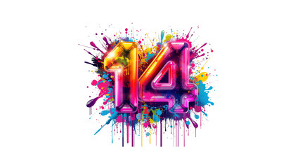 Vibrant Number 14 with Colorful Paint Splatter Design
