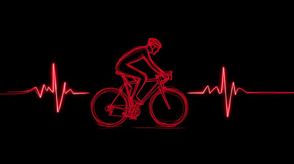 Stylized heartbeat line and the red shape of a cyclist