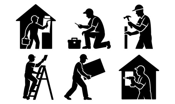 Worker silhouettes: tools, painting, construction, carpentry, and repair icons for professional design