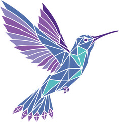 A vibrant geometric hummingbird design with polygon shapes in purple, blue, and teal. Symbol of joy, freedom, and beauty. Perfect for art, decor, fashion, and tattoos.