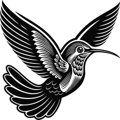 A bold black and white hummingbird illustration in flight, symbolizing freedom, grace, and beauty. Perfect for art lovers, tattoo inspiration, and unique decor styles.