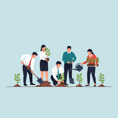 Fototapeta premium Business professionals planting trees and nurturing growth together.