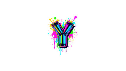 Vibrant Neon Letter Y with Colorful Paint Splatter Design