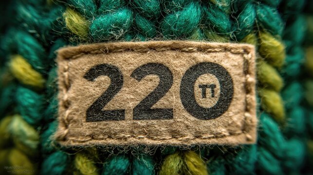 Close-up of a tan label with dark numerals "220" on a teal and lime green knit fabric