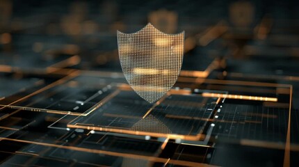 Glowing shield icon above a grid of dark squares with gold accents in a digital environment - Powered by Adobe