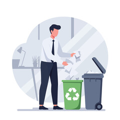 Businessman discarding crumpled paper into recycling bin.