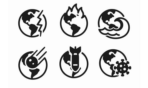 Global catastrophe icons set for environmental awareness design featuring earthquake, fire, flood, asteroid, war, and pandemic