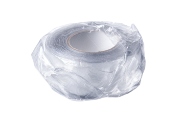 Grey tape roll in plastic packaging on black background