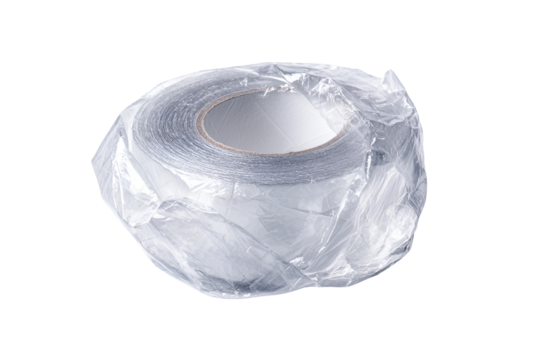 Grey tape roll in plastic packaging on black background