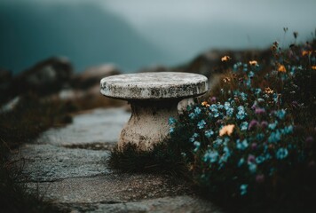 Rustic stone pedestal table amidst wildflowers