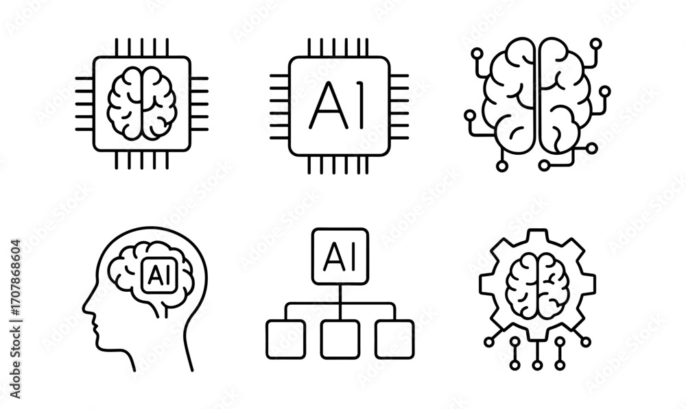 Poster artificial intelligence and brain icons collection for tech design projects