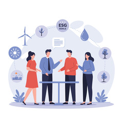 Diverse team discusses ESG goals with environmental icons.