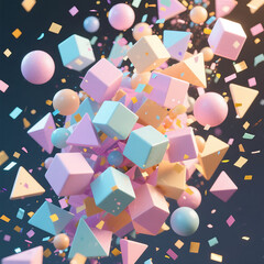 Pastel geometric shapes floating, confetti falling create a modern abstract design element of fun and whimsy