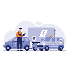 Fototapeta premium Electric cars charging at a station with a technician.