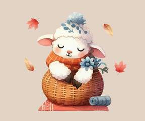 Sheep sitting in basket, autumn, leaves, watercolor style, vector, hand drawn.