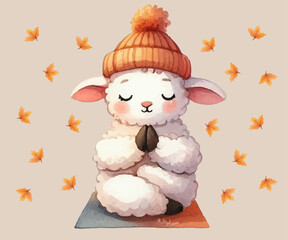 Sheep doing yoga, wearing sweater, mat, autumn, leaves, watercolor style, vector, hand drawn.