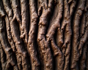 A detailed macro photograph of rough, gnarled tree bark texture, showing the deep grooves and natural patterns of an old, weathered tree trunk.