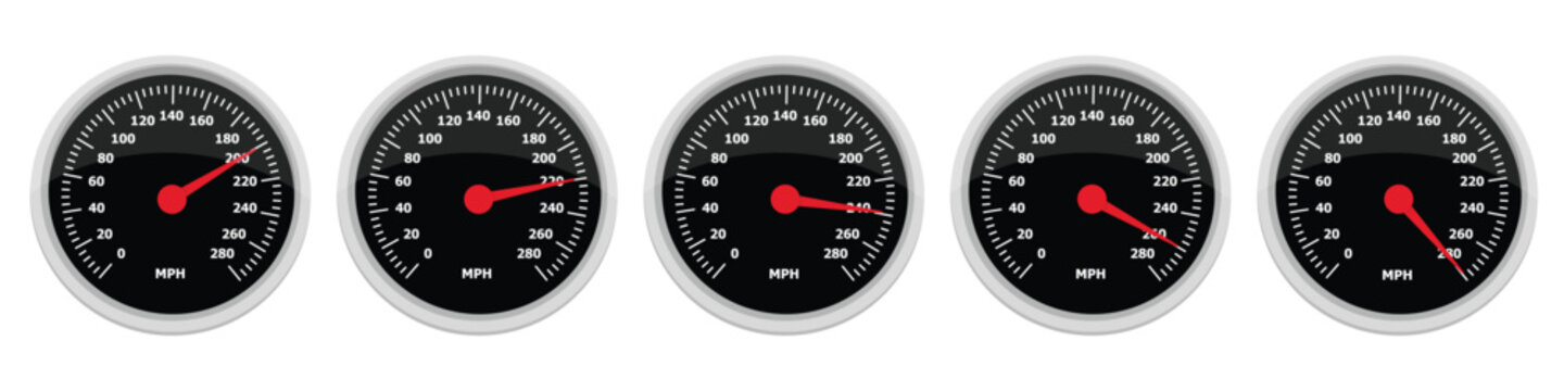 Set of a round car dashboard speedometers. Speedometer needle points from 200 mph to 280 mph