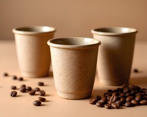 Three rustic ceramic cups stand on a beige surface with scattered roasted coffee beans. This image evokes a warm, cozy cafe atmosphere and the art of craft coffee