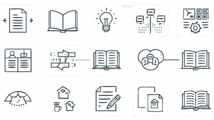 Vector collection of various icons representing concepts such as books, ideas, documents, and networking concepts