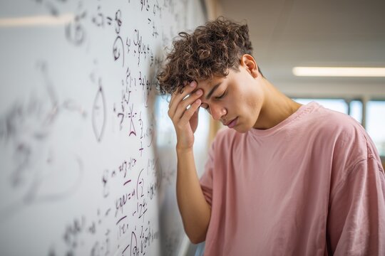 Stressed young male student leaning on whiteboard full of math formulas, wearing casual clothes, looking frustrated and overwhelmed, symbolizing exam stress and academic pressure.