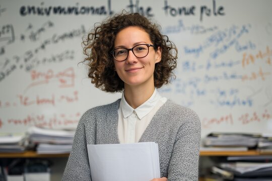Confident young female teacher wearing glasses, smiling in a classroom with books and whiteboard full of notes behind her, symbolizing education, knowledge, and professional success.