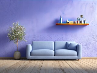 Light-blue sofa, purple wall, wooden floor, shelf