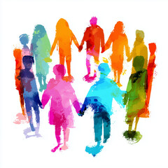 Abstract human silhouettes in different vibrant colors holding hands in a circle