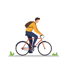 Fototapeta premium Man with backpack riding a bicycle outdoors.