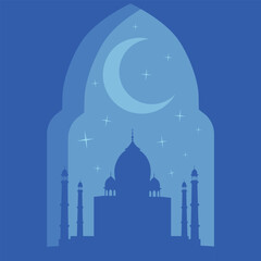 Ramadan Kareem poster, card, holiday cover with mosque and moon crescent