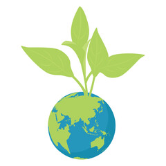 Planet Earth with green sprout and leaves. Eco-friendly concept for Earth Day, World Environment Day, and nature conservation