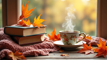 A cozy autumn-themed still life. A stack of vintage books, a steaming teacup, a knitted scarf, and a scattering of colorful autumn leaves are arranged on a wooden table. Wallpaper.
