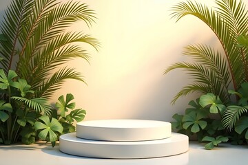 Fototapeta premium Minimalist white pedestal surrounded by lush green tropical plants