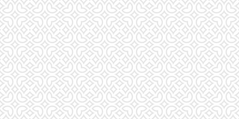 Vector floral seamless pattern in arabesque style. Subtle gray and white texture with flowers, leaves, petals, curved shapes. Simple geometric background. Abstract oriental ornament. Repeat design
