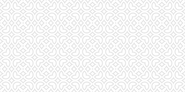 Vector floral seamless pattern in arabesque style. Subtle gray and white texture with flowers, leaves, petals, curved shapes. Simple geometric background. Abstract oriental ornament. Repeat design