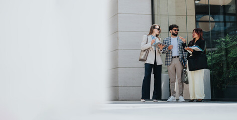 Group of Asian and European business professionals collaborating and communicating outside a contemporary building. They stand confidently with documents, tablets, and engaging expressions.