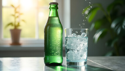 A sleek green glass bottle of sparkling mineral water with condensation droplets and a metallic cap, placed beside a delicate transparent glass filled with the same water, showcasing vibrant bubbles