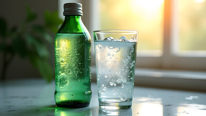 A sleek green glass bottle of sparkling mineral water with condensation droplets and a metallic cap, placed beside a delicate transparent glass filled with the same water, showcasing vibrant bubbles