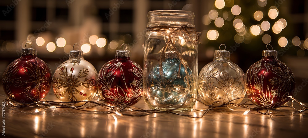 Poster festive christmas ornaments and string lights arranged on a table creating a warm and inviting atmos