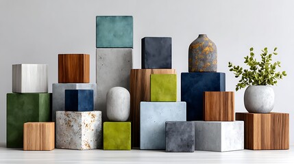 Abstract Composition of Geometric Blocks in Minimalist Setting Showcasing Balance