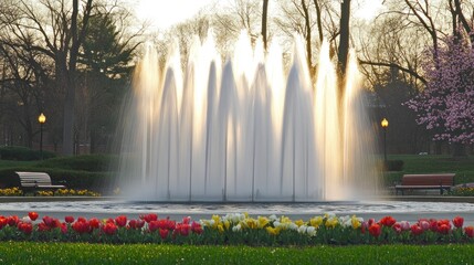 Fototapeta premium Illuminated fountain in park at sunset, surrounded by tulips