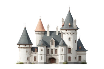 Obraz premium Medieval european castle with multiple turrets and towers on clear sky background, cut out