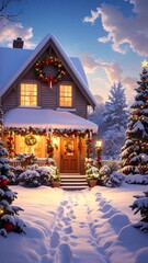 Cozy snowy Christmas house at dusk