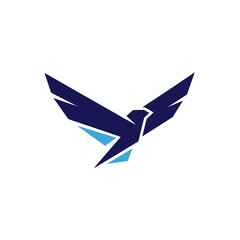 A stylized dark blue and light blue abstract falcon or bird logo with wings spread wide against a white background.