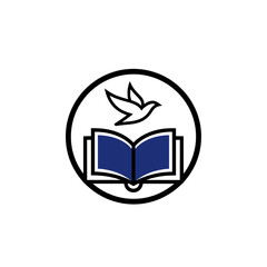 Logo of an open book with a bird taking flight above it, encircled.