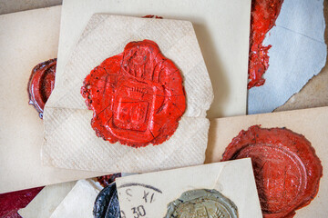 Collection of medieval antique wax seal stamps on old documents