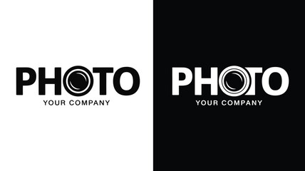 Modern photography logo with camera lens typography for branding, business identity, and media-related design projects